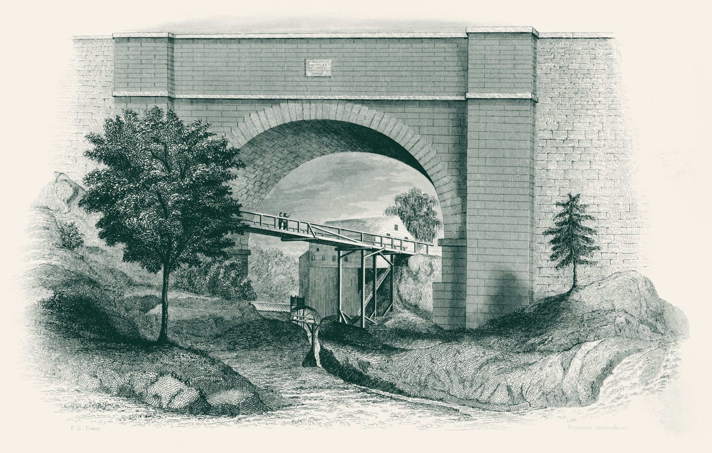 An 1843 engraving of the Croton Aqueduct’s stone bridge at Sing Sing, a single broad arch over a wooded stream.