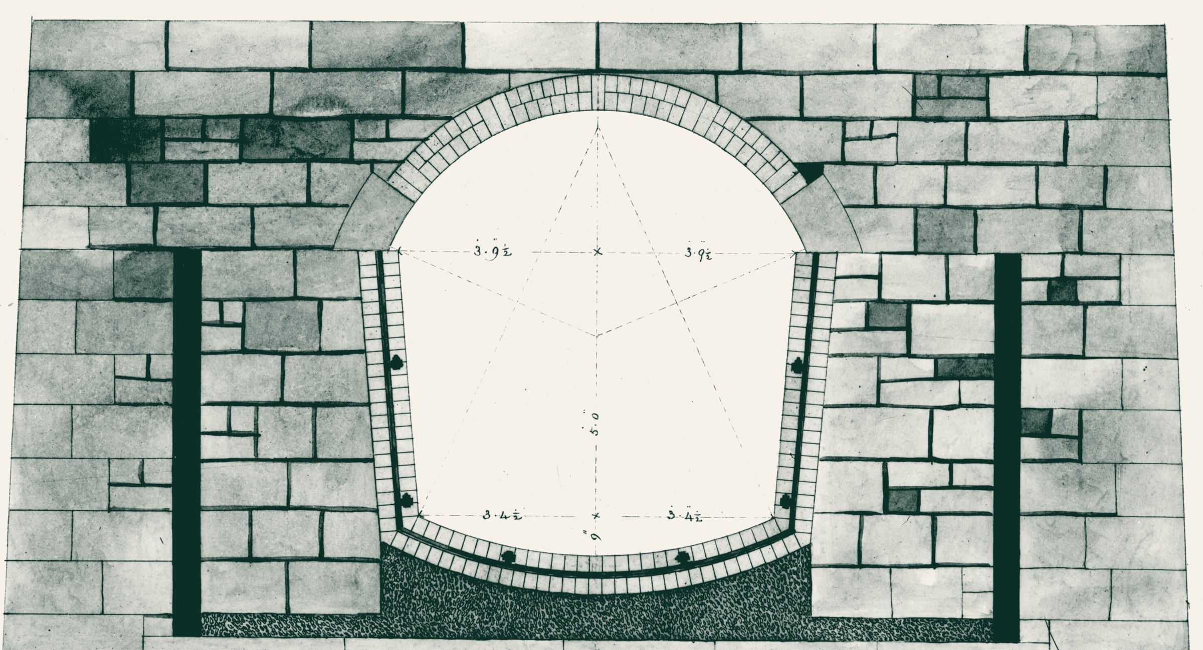 An engineering drawing of the Croton Aqueduct in cross-section, as built over its bridges: an arched, lined conduit within dressed stone masonry.